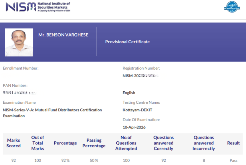 Benson Varghese NISM Exams Testimonial